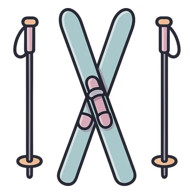 cross-country skis standing, slightly inclined in opposite directions, poles on the sides angled outward, detailed shading, thin clean outlines, soft rounded features, pastel palette #98B5BC #B5B3C1 #C9A3C9 #E4C0CA #F7DCD1 #F7C0AA, Japanese pop art, sticker look, highly detailed, vector clarity, soft lighting, subtle shadows, transparent background sticker