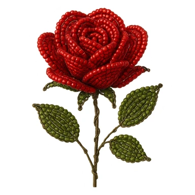 french beaded red rose, handmade look, visible wire, glossy beads, artistic, no background sticker