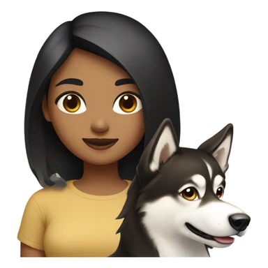 A girl with black hair next to a light brown Husky sticker