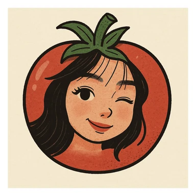 Ghép khuôn mặt trong ảnh này vào một trái cà chua, giữ nét dễ thương và tự nhiên, nền đơn giản, phong cách hoạt hình. sticker