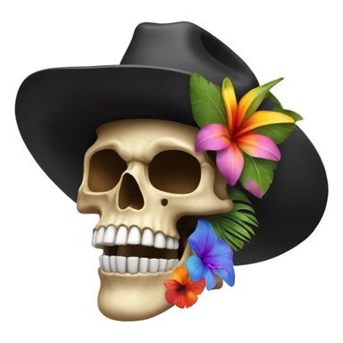 Realistic side view of a skull in a black cowboy hat on decorated with tropical flowers. sticker