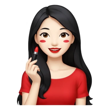 Korean woman with long hair applying lipstick to upper body, smiling face sticker