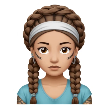 big lose braids starting from the top of the head woman face wiith big visible braids and mono color headband on head strict face and braids as big as headband and lots and lots of face tattoos sticker