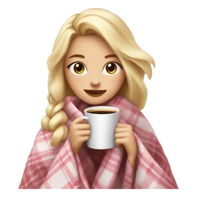 cute blonde girl wrapped in pastel pink plaid blanket drinking coffee sticker