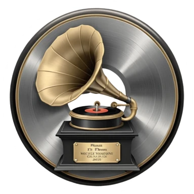 A dark metal platinum music award plaque The center features a relief of a vintage gramophone or stylized vinyl record in a slightly darker metallic tone sticker