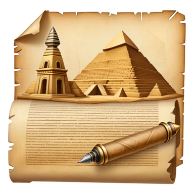 An icon showing a rolled parchment scroll, a quill pen, and ancient landmarks like pyramids and columns in the background. The design symbolizes the study of past civilizations, events, and heritage. Transparent background emphasizes the timeless exploration of human history. sticker