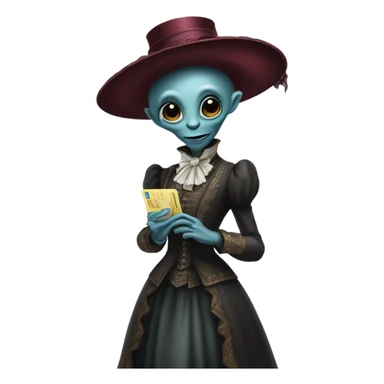 alien galora in Victorian dress elegant, full body, holding big credit card sticker