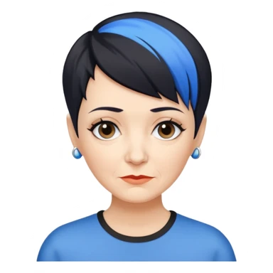 reife frau, kein kind freche extreme schwarze Kurzhaarfrisur eine Seite wirklich fast keine Haare andere Seite mit blauer Strähne kurze Seite noch viel kürzer sticker