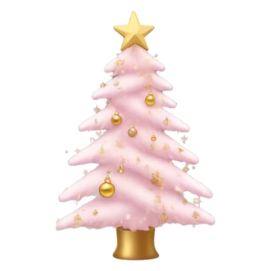 A Christmas tree with pastel pink and gold decorations, delicate ornaments, a star on top, and small twinkling lights. Background includes soft snowflakes. sticker