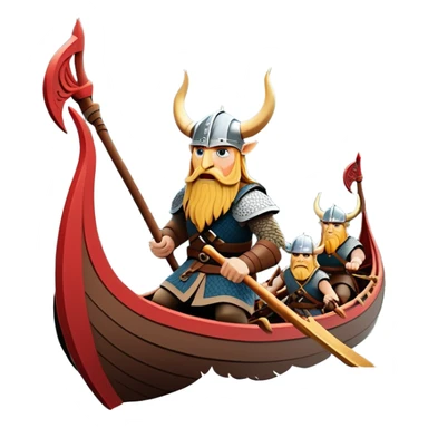 clash-of-clans-aesthetic_-cinematic-viking-longboat, rendered in a flat, bold vector style with minimal shading, featuring a striking dragon-headed prow slicing through waters. shields on the side and vikings rowing The longboat’s, the boat has carved motifs evoke a sense of epic adventure and Nordic might, with billowing sails catching a dramatic, stormy sky backdrop. sticker