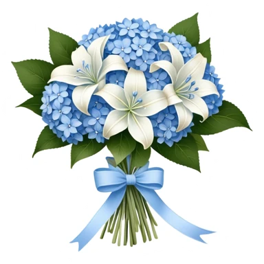 A wooden table adorned with a small bouquet of baby blue hydrangeas and creamy white lilies, wrapped in a softly frayed linen ribbon. A single blue butterfly, dusted with a hint of silver, rests lightly on the bouquet, as if drawn to its delicate fragrance. sticker