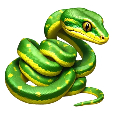 cinematic-green tree python-realistic-full-body-coiled-emoji,-thick-scaled-body-looped-tightly,-intricate-tellow and green-patterned-scales-reflecting-light,-head-tilted-dramatically,-slitted-eyes-staring-calmly,-simplified-yet-realistic-focused-feature sticker