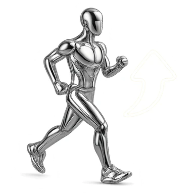 reflective chrome figure jogging with a glowing upward arrow, symbolizing health improvement sticker