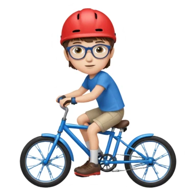 12 year old boy with short brown hair and a fringe, round glasses, blue eyes, riding a blue bike, wearing a red helmet sticker