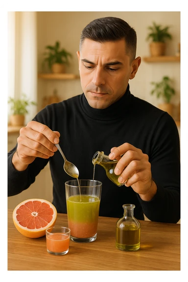 A realistic, warm-toned photo-style image of a man in his kitchen preparing a liver and gallbladder flush. On the counter, there is a small glass bottle of high-quality extra virgin olive oil with a rich green hue, and a freshly cut pink grapefruit with a small glass of its juice next to it. The man, in his mid-30s, looks focused and slightly apprehensive as he mixes the olive oil and grapefruit juice in a clear glass, preparing to drink it as part of a natural gallbladder cleanse. The background is clean, bright, and minimalist with wooden countertops, green plants, and sunlight coming through the window, giving a sense of natural health practices. The mood conveys a realistic moment of alternative health care, illustrating the preparation and intention for a natural flush to address gallstones, while maintaining a calm, educational, and hopeful tone in italiano sticker