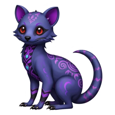 Rare warm-colored exotic gloomy tropical edgy cute epic aesthetic spooky indigo violet purple black red gothic colorful Salandit-Civet-species-Fakemon-hybrid-creature, with tribal tattoo markings, full body sticker