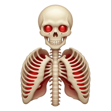 Minimalist emoji-style sticker of a ribcage x-ray with a curled-up demon inside, lines in faint white on black background, subtle red eye glow



 sticker