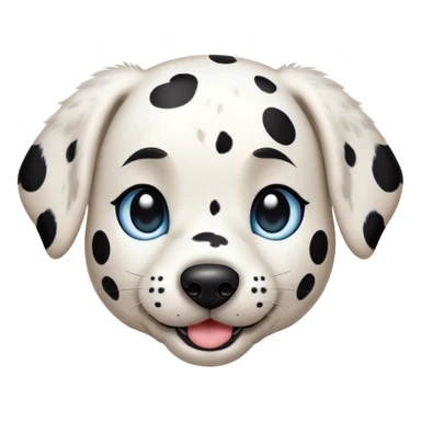 Cinematic Cute Spotted Dalmatian Portrait Emoji, Head tilted playfully and inquisitively, featuring a glossy Fur of predominantly white with dynamic black patches, round, sparkling blue eyes filled with gentle curiosity, Simplified yet irresistibly adorable features, highly detailed, glowing with a warm, friendly glow, high shine, affectionate and gentle, stylized with a touch of whimsy, bright and endearing, soft glowing outline, capturing the essence of a mischievous yet loving pup, so playful it feels like it could lumber out of the screen and into your arms! sticker
