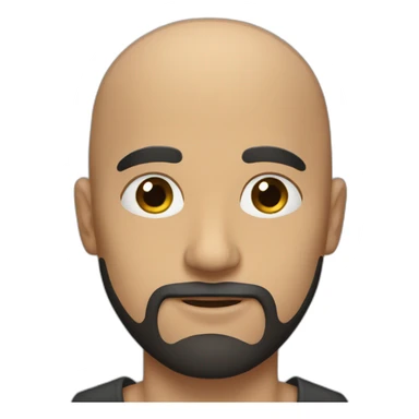 A bald man with brown eyes and a black beard sticker