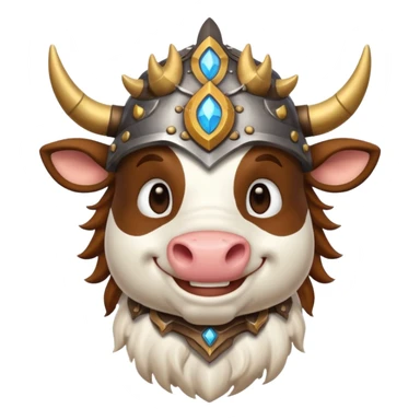cow character inspired by World of Warcraft, in fantasy armor, stylized as a classic emoji sticker