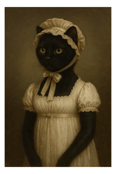black cat in period-accurate Pride and Prejudice clothing, evoking the style of the early 1800s sticker