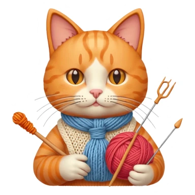 knitting cat portrait, head and shoulders only, cute cat holding knitting needles and yarn, cozy expression, warm handmade vibe, 3D cartoon style, mobile game icon style, clean background, no text, no watermark
 sticker
