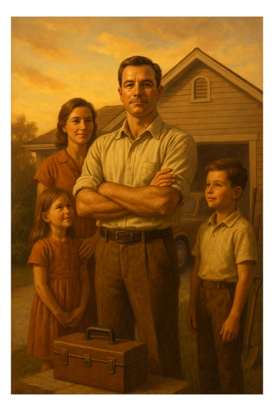 Uomo tra i 35 e i 45 anni, in piedi con postura fiera davanti alla sua casa, circondato dalla famiglia: moglie e figli lo guardano con rispetto e affetto. Indossa abiti semplici ma ordinati, simbolo di lavoro e stabilità (camicia, pantaloni, magari una cassetta degli attrezzi o una valigetta vicino). Sullo sfondo elementi che richiamano i suoi ruoli: casa ordinata, auto familiare, strumenti di lavoro, simboli di protezione e presenza. Espressione serena, forte ma accogliente. Colori caldi, luce naturale del tramonto. Stile realistico, atmosfera rassicurante e simbolica sticker