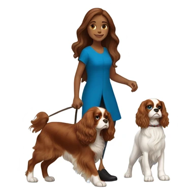 A long brown hair girl with blue eyes walking a King Charles cavalier ruby colored  sticker
