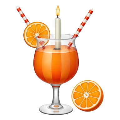 An orange fruit, not a drink, with a horizontal red stripe around the middle. 4 vertical cocktail sticks in the orange with small pieces of candy on the sticks. On top of the orange a small white lit candle. sticker