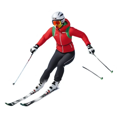 An icon featuring a skier racing down a snow-covered slope, surrounded by snowy peaks, pine trees, and a picturesque mountain landscape. The sky is blue with soft clouds, capturing the thrill and beauty of alpine skiing. Transparent background  sticker