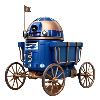 Old American West tarnished R2D2 bounty policeman in 1854 delicately ornate rosegold accents painted buggy buckboard wagon powered by electric motors and batteries with safety features and belts flying rapidly across rough dusty terrain stable on strong agile futuresteampunk suspension and steering  sticker