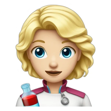 Girl with blond hair and blue eye take red vial sticker