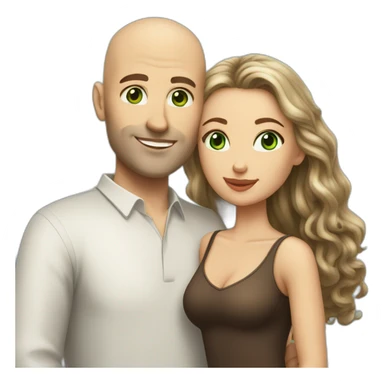 caucasian bald man with green eyes and a caucasian woman with long curly dark hair and brown eyes kissing sticker