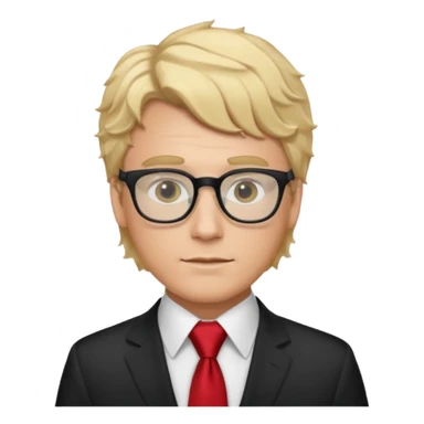 white man in white shirt, having red tie, blonde wavy hair, wearing glasses sticker