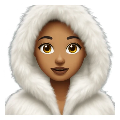 Tanned Girl with lashes ,  in an extremely big fluffy oversized white fur coat with hood on. The fur is real and it’s very obvious big and fluffy like in Pinterest  sticker