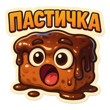 Rectangular chocolate mini pastry, slightly messy and squished, chocolate dripping, big round eyes, wide open mouth, playful surprised expression, text above: "ПАСТИЧКА", chibi style, Twitch emoji style, transparent background, colorful

 sticker