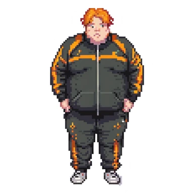 Extremely fat man with orange hair wearing black tracksuit with orange lines sticker