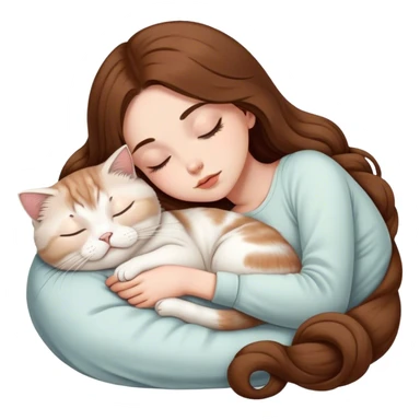 A pretty white girl with very long brown hair and sleeping curled up to a scottish fold white cat  sticker