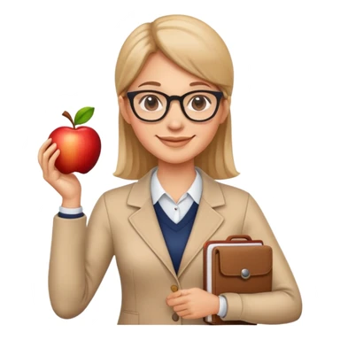 Cute smiling teacher with glasses and apple sticker