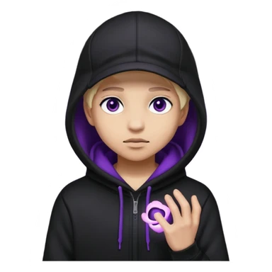 Carton character related to a shadow, with all black clothes, focusing a hoodie with his cap on, no visible face because of the darkness, just his purple shadow eyes making a light bloom sticker