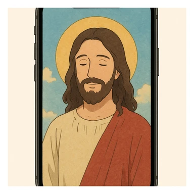 Jesus in a gentle Ghibli style, appearing on an iPhone display sticker