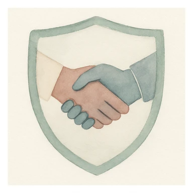 shield-shaped crest with two hands shaking, watercolor art style sticker