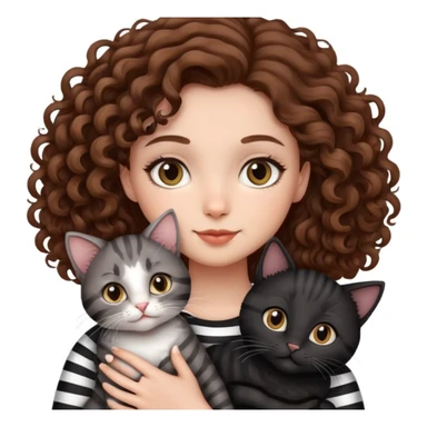 Girl with curly hair holding three cats, one black cat, one grey cat, and one grey-striped cat sticker