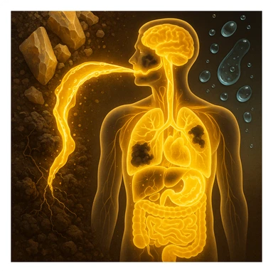Symbolic scene of fulvic acid as a glowing liquid or natural extract being absorbed by a semi-transparent human body. The glowing liquid flows inside, dissolving dark, toxic-looking areas and leaving clean, glowing tissues and organs. Background includes minerals, soil, and pure water, suggesting deep cellular cleansing. Style is conceptual, semi-realistic, medical-meets-holistic with a clean energy aesthetic and vibrant contrast between detox and toxicity. High detail, 4K resolution. sticker
