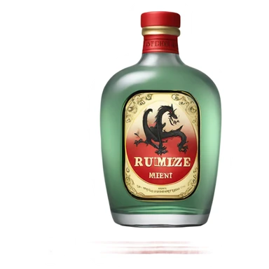 clear bottle of rumpleminze peppermint alcohol with a label that black with red border and font that has a small gold dragon on the label sticker