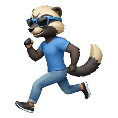 friendly anthropomorphised honey badger in jeans and a t-shirt, wearing sunglasses, jogging upright, standard pose sticker