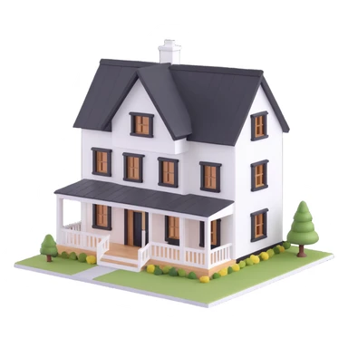 modern farmhouse dollhouse, white with black trim and wooden accents, 3d isometric  sticker