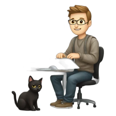 Programmer man with a cat near computer sticker