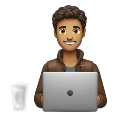 un chico con pelo marron texturizao, con una mano escribiendo en una laptop de windows, y con la otra mano agarrando un paliz, y que en sue escritorio tenga dinero y un cuaderno sticker