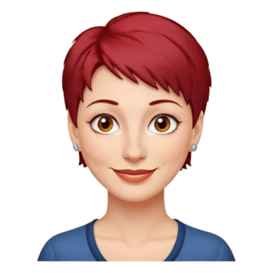 femme 40 ans, cheveux très court rouge foncé piercing sur le nez yeux marrons sticker